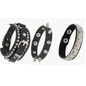 Set of 3 Black Faux Leather Stainless Steel Spikes Chains Bracelets Men Women